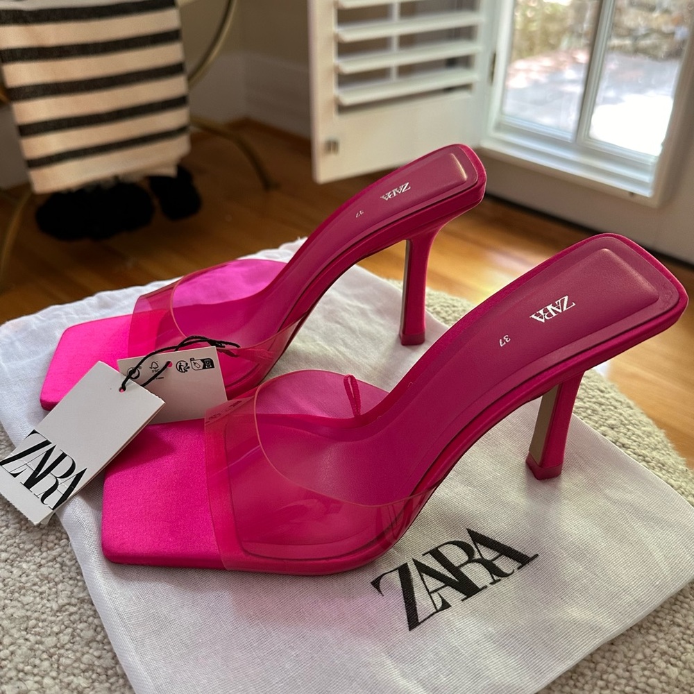 ZARA Limited Edition Heeled Sandals Satin & Vinyl NEON Pink | EU: 37, US: 7